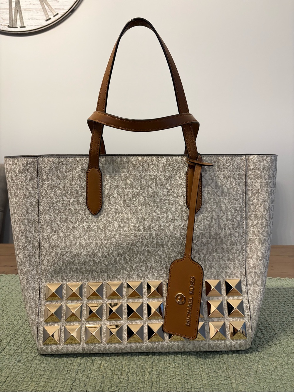 Michael Kors Sinclair Large Studded Logo Tote bag - Brown Leather/Beige Monogram